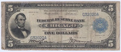 Billete de cinco dólares de gran tamaño de 1915 billete de $5 de Chicago F-793 número de serie bajo 🔥 Foto 1 de 2