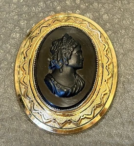 Broche Clip Vestido Vintage Negro Camafeo Renacimiento Victoriano Dama Etrusco Piel Bisagras - Imagen 1 de 8