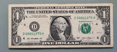 2013 One Dollar Federal Reserve Note $1 LOW SERIAL NUMBER D00001275H #96372 - Image 1 of 2
