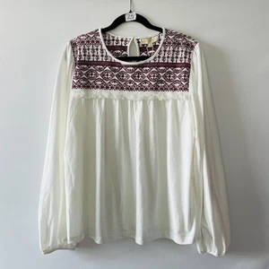 NWT Farmers Market White Maroon Fur Trim Embroidered Long Sleeve Top Size XL - Picture 1 of 9