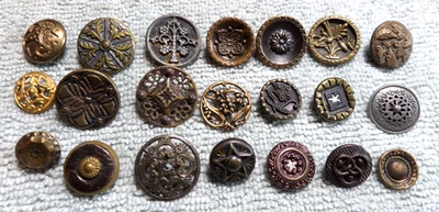 21 Antique Vintage Metal & Pierced Picture Buttons FLOWERS VARIOUS DESIGNS - Image 1 of 4