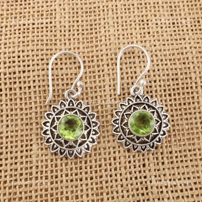 925 Argento Sterling Cuore Chakra Rotondo Peridoto Pietra Pendente Orecchini - Immagine 1 di 4