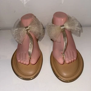 Gold Diamanté Wide Fit Chiffon Bow Flat Thong/Toe Post Sandals UK 7 EU 40. - Picture 1 of 15