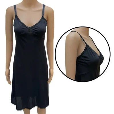 Vestido Lencería Vintage Shadowline Años 70 Negro Satinado Encaje Ribete Sin Mangas - Talla 34 Alto Foto 1 de 4