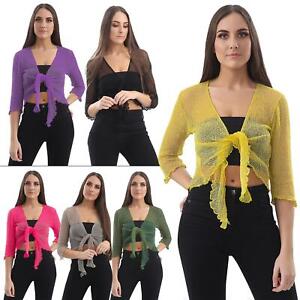 Womens Tie Up Open Front Shrug Ladies Knitted Cropped Bolero Short Cardigan Top