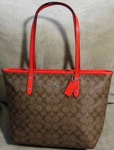NWT $295 COACH Brown Signature Canvas Orange Leather Satchel Tote Shoulder Bag - Picture 1 of 8