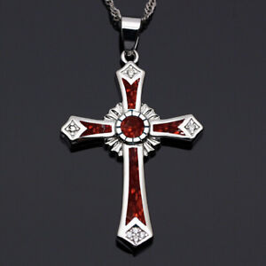 Geometric 3 Red and 3 blue Opal Color Cross Crucifix Pendant Necklace. Us Seller
