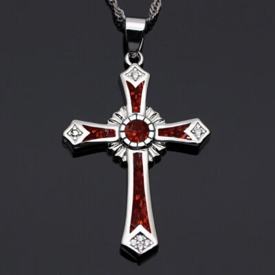 Geometric Red Opal Color Cross Crucifix Pendant Necklace. Us Seller - Image 1 of 2