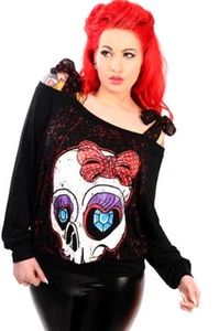 B14 BANNED Black Distorted Skull Shoulder Straps Punk Rock Goth Fashion Top - Picture 1 of 2
