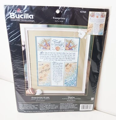 Footprints Ocean Water Beach Nautical Scene Counted Cross Stitch Kit SEALED - Image 1 of 2