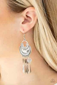 Paparazzi "Give Me Liberty" HAmmered Silver Bar & Disc Chandelier Earrings - Picture 1 of 2