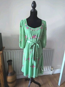 Monsoon Dress 14 Womens Embroidered Green Summer Emeilia Floral NWT wedding gues - Picture 1 of 16