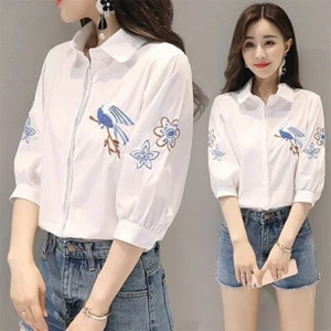 Spring And Summer Korean Casual Embroidery Flower Bird Loose Wild White Shirt UF - Picture 1 of 13