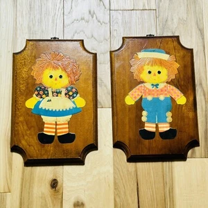 Vtg Raggedy Ann & Andy Wooden Hanging Wall Art 13x9 1960s Children Room Decor - Picture 1 of 9