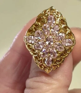 Pink Cubic Zirconia 14k Yellow Gold Plated Cluster Ring Size 7 Beautiful - Picture 1 of 8