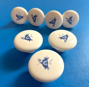 VTG 7 Ceramic White Porcelain Drawer Knob Hardware Pull Cabinet Blue Flower - Picture 1 of 5