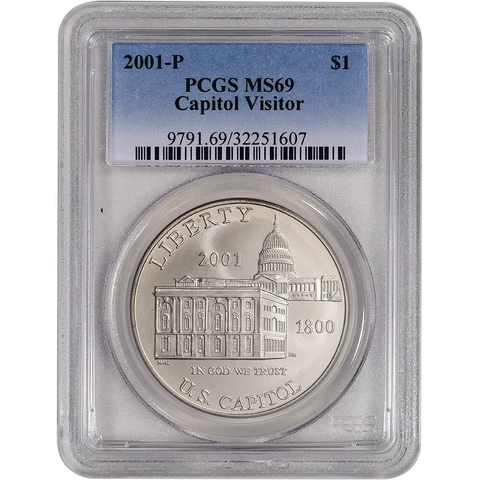 2001-P US Capitol Visitor Center Commemorative BU Silver Dollar - PCGS MS69 Cover