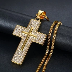 Collar Colgante Cruz Helada Acero Inoxidable Chapado en Oro Hombres Hip Hop - Imagen 1 de 10