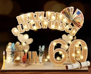 Original 60. Geburtstag Geldgeschenke Holz Mit LED Lichterkette Geschenke Zum 60 - Bild 1 von 8