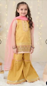 Pink Petals Girls 3 Piece Garara Suit - Size 9/10 Yellow - Picture 1 of 4