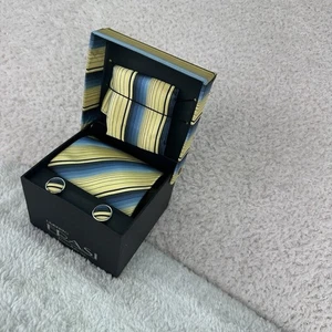 UMBERTO FRASI Tie Cufflinks Pocket Square Gift Box Yellow Blue Striped NIB - Picture 1 of 4