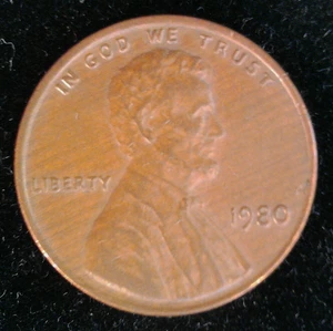 1980p Lincoln cent w/ wood grain appearance, obverse, (woody) - Picture 1 of 9
