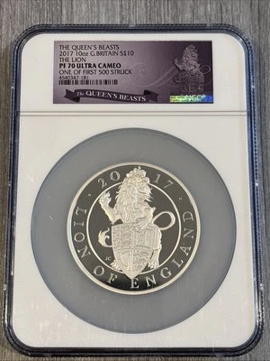 2017- Queen's Beasts- 10 oz Silver-The Lion- NGC PF70 UCAM- 1st Of 500 - Image 1 of 2