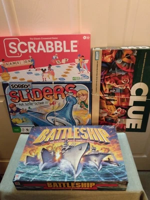 4 Complete Hasbro Family Board Games - Battleship, Clue, Scrabble, Sorry Sliders - Image 1 of 4