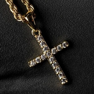 Mini Micro Oro 14K Helado Circonio Cruz Colgante y Cadena de Cuerda Hip Hop - Imagen 1 de 4