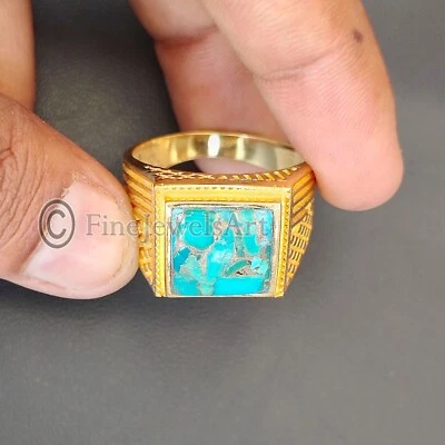 Anillos para hombre chapados en oro hechos a mano turquesa cobre azul plata 925 joyería M354 Foto 1 de 4
