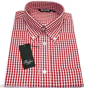 Relco Mens Red White Gingham Short Sleeved Shirt Button Down Mod Skin Retro New - Picture 1 of 4