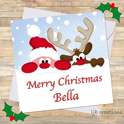 LJB CREATIONS Christmas Cards Personalised SANTA + RUDOLF for Kids Child Boy Girl - ADD NAME