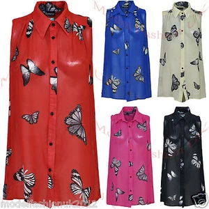 Damas Chifón Blusa de Verano Sin mangas Mariposa Mujer Prenda para el torso con botones Chaleco Camisa - Imagen 1 de 9