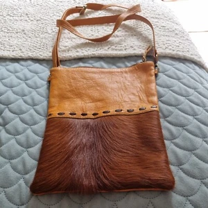 BOHO Soft Fur Hair Hide Leather Tan Brown Shoulder Crossbody Bag Handbag B4 - Picture 1 of 4