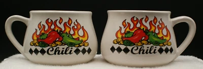 2 Large CHILI Porcelain CUP MUG SOUP Flames Chili Peppers HH Brand White - Image 1 of 4