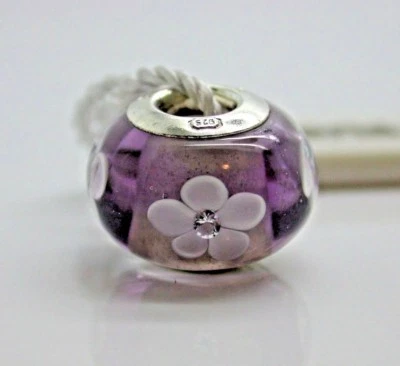PLATA ESTERLINA 925 ENCANTO PERSONA EUROPEA PÚRPURA MURANO FLORES BLANCAS NUEVO B35 Foto 1 de 3