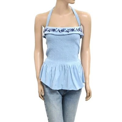 Blusa Free People floral bordada Alee Halter tubo azul algodão S 280307 - Imagem 1 de 4