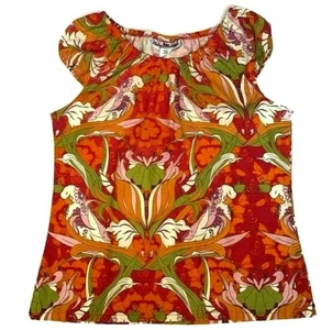 Haley And The Hound Orange Multicolor Floral Print 100% Cotton Top Made in USA - Picture 1 of 5