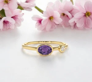 Elegant Amethyst and Diamond Ring in Silver with Gold Plating" Ring for Women's - Picture 1 of 8