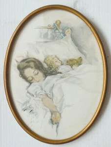Antiker Druck Harrison Fisher 1912 kleines Mädchen schläft Puppe & Teddy oval D7214 - Bild 1 von 3