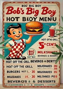 Bobs Big Boy Sign Menu Metal Food Drink Hamburger Vintage Style Wall Decor - Picture 1 of 2