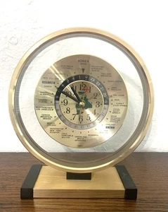 Vintage Quartz World Time Zone Clock Brass With Airplane Second Hand Desk Mantle - Picture 1 of 8