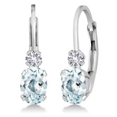14K White Gold Aquamarine and White Created Sapphire Leverback Earrings For - Image 1 of 4