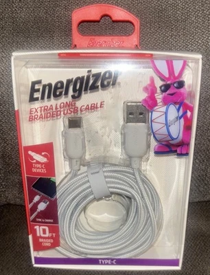 Energizer 10ft Extra Long Braided🪫Type-C to USB Charging Cable🔋Gray - Image 1 of 4