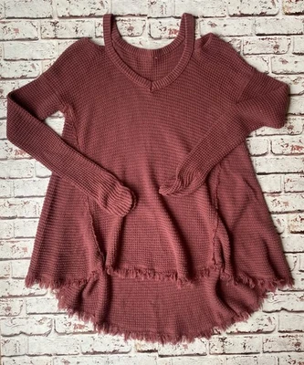 FREE PEOPLE Women’s Sweater Waffle Knit Cold Shoulder Moonshine Dark Rose Medium - Image 1 of 4