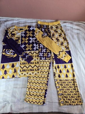 LSU Tigers NCAA Busy Block Holiday Pajamas Kids Girls Boys Yellow Purple NWT - Image 1 of 4