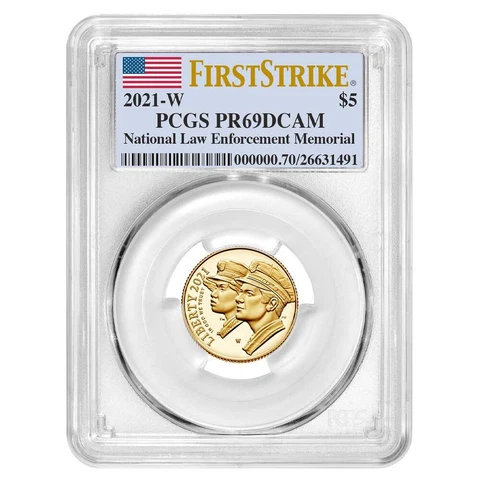 2021-W Proof $5 Gold National Law Enforcement PCGS PR69DCAM FS Flag Label Cover