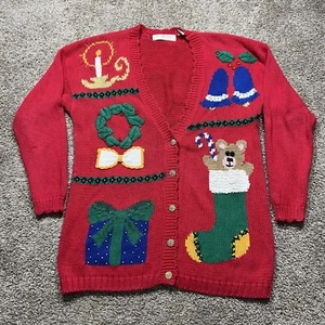 Vintage Sweater Christmas Hand Knit Pearl Beads Cardigan Button Bear Stocking - Picture 1 of 10