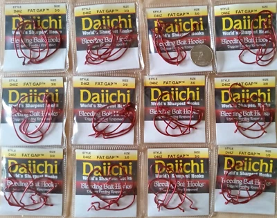 Lote de 12 ganchos de gusano rojo Daiichi Bass 3/0 ancho Fat Gap sangrado D46Z Foto 1 de 2