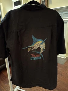 Hook & Tackle Men's Large Button-up Dress Shirt Black Embroid Fish Short Sleeve - Picture 1 of 6